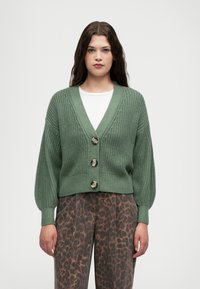 Grønn strikket cardigan med V-hals, tre store knapper og vide ermer, kombinert med brune bukser med leopardmønster.