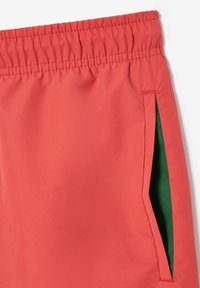 Pantaloni sportivi rossi con fascia elastica in vita, caratterizzati da rifiniture verdi nelle tasche. Texture liscia con tasche laterali per una maggiore comodità.