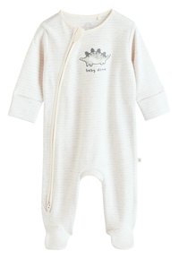 Grenouillère douce de couleur crème pour bébé avec une fermeture éclair à l'avant, arborant un motif de dinosaure gris et une texture rayée subtile. Manches longues et design avec pieds intégrés.