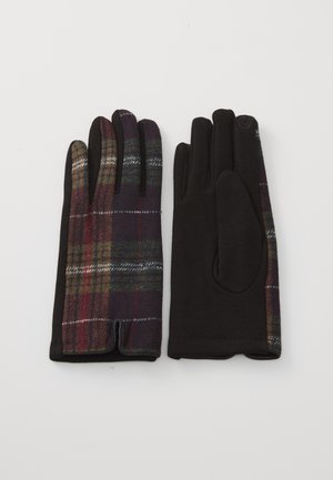 Pair of gloves with black fabric palms and multicolored plaid pattern on the back, laid flat with fingers extended.