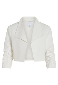 Veste blanche courte avec un large revers, des manches froncées et une texture de tissu lisse. Présente une ouverture frontale et un design minimaliste.