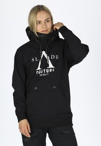 Felpa nera con cappuccio con logo bianco e design, dotata di cappuccio con coulisse, tasca frontale e polsini a costine.