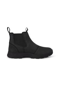Botín negro impermeable hasta el tobillo con paneles laterales elásticos, lengüetas para tirar, puntera redondeada y suela de goma texturizada para mayor agarre.
