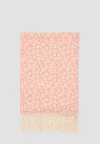 Écharpe à motif léopard en rose doux et crème, avec une surface texturée et des bords frangés pour un détail supplémentaire.