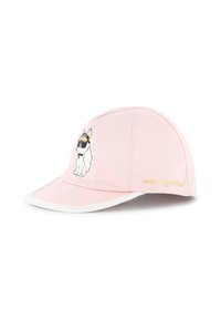 Casquette de baseball en coton rose avec une visière blanche, design de chien brodé avec des lunettes de soleil et logo doré "KARL LAGERFELD".