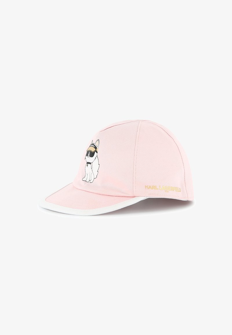 Casquette de baseball en coton rose avec une visière blanche, design de chien brodé avec des lunettes de soleil et logo doré "KARL LAGERFELD".