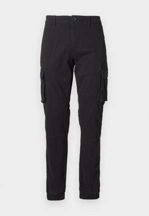 Black cargo pants made of cotton, featuring side pockets, elastic cuffs, a button closure, and a straight-leg design.