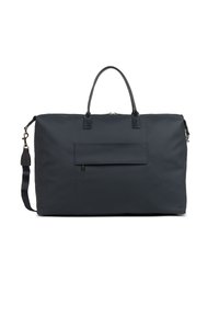 Borsa da viaggio blu navy realizzata in nylon resistente con una finitura testurizzata. Presenta due manici superiori, una tracolla regolabile e una tasca frontale.
