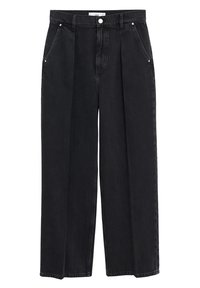 Pantalones rectos de tiro alto negros con pliegues frontales, bolsillos laterales, trabillas para cinturón, botón metálico y cierre de cremallera.