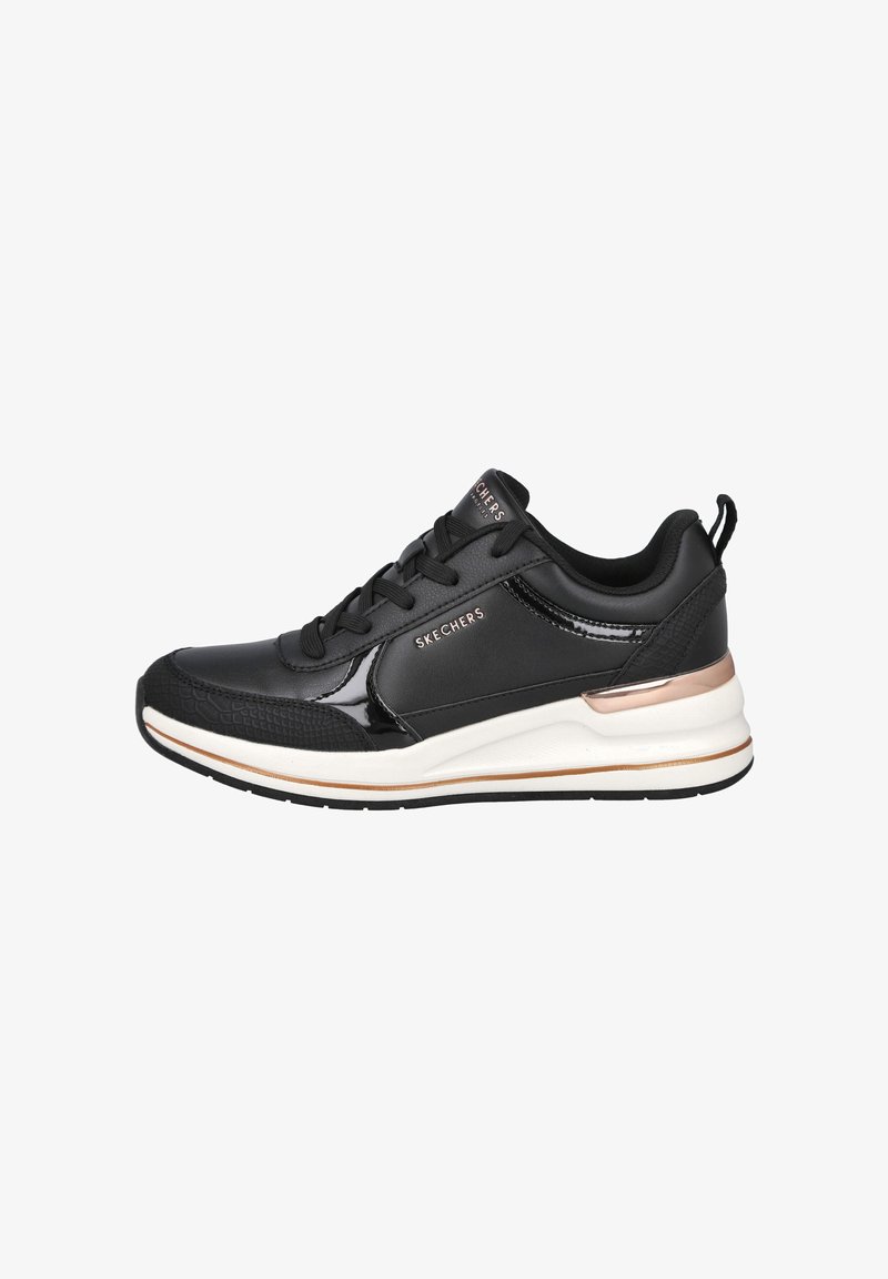 Zapatilla negra de Skechers con cordones en la parte delantera, paneles texturizados y brillantes, suela blanca y detalles en dorado rosa en el talón y la marca.