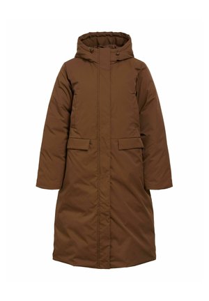 Long manteau d'hiver matelassé marron avec capuche, fermeture éclair frontale complète avec rabat et poches à rabat des deux côtés.