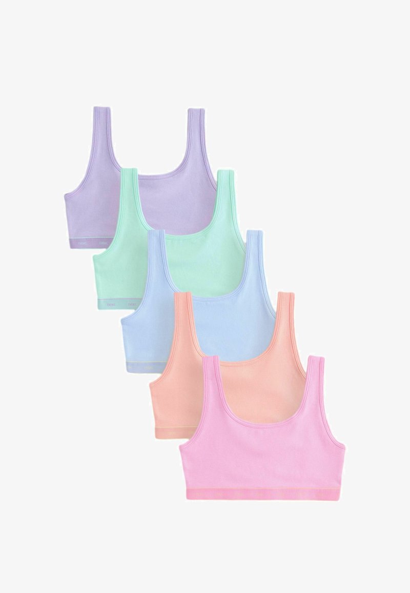 Fünf nahtlose Baumwoll-Bauchfreie Tops in Pastellfarben: Lavendel, Mintgrün, Hellblau, Pfirsich und Rosa, überlappend auf einem weißen Hintergrund angeordnet.