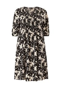 Schwarzes Kleid mit weißem Blumenmuster, featuring einen gerafften Ausschnitt und Dreiviertelärmel. Hergestellt aus leichtem Stoff.
