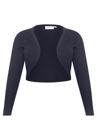 Dunkelblauer, verkürzter Cardigan aus weichem Strickmaterial, mit langen Ärmeln, offenem Frontdesign und glatter Textur ohne Verschlüsse.