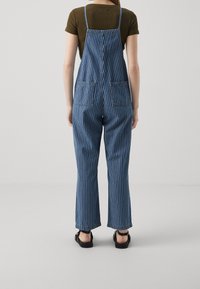 Henkilö, jolla on yllään sinivalkoraidalliset farkkuhaalarit ja oliivinvihreä lyhythihainen paita, seisoo selkä kameraan päin yksinkertaisella taustalla.