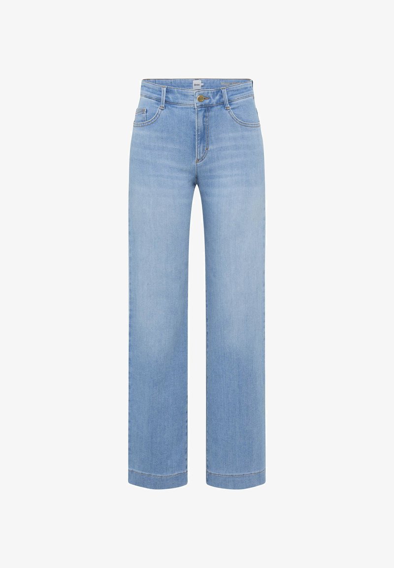 Jeans dritti color azzurro chiaro in denim, caratterizzati da un design classico con cinque tasche, chiusura con bottoni e orlo pulito senza effetti usurati.