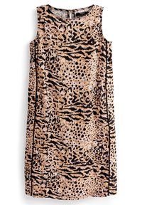 Robe sans manches avec un motif imprimé animal beige et noir, présentant une texture lisse et une fermeture par trou de serrure au dos.