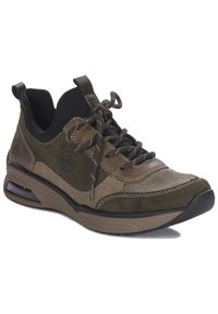 Brązowe i zielone zamszowe sneakersy z czarnymi akcentami, z okrągłym noskiem, sznurowanym zapięciem i wyściełaną podeszwą z widoczną jednostką powietrzną.