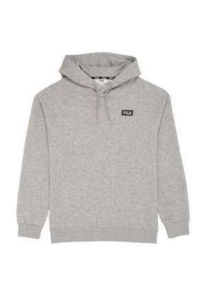 Szara bluza z kapturem FILA z sznurkiem, długimi rękawami, ściągaczami na rękawach i małym czarnym logo FILA na lewej piersi.