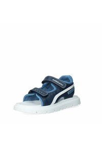 Sandal blu con tomaia in pelle blu scuro, con chiusure in Velcro, fodera in rete e suola in gomma bianca. Presenta texture a contrasto e un design atletico.