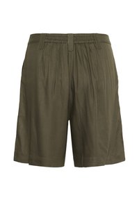 Szorty w oliwkowej zieleni z elastycznym paskiem w talii, dwoma bocznymi kieszeniami i plisowanym przodem. Wykonane z lekkiego, trwałego materiału.