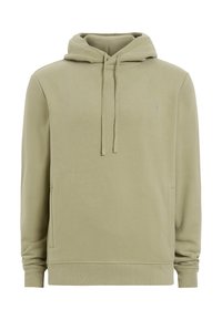 Oliwkowy hoodie o miękkiej teksturze, z przednią kieszenią, regulowanym kapturem ze sznurkiem i małym haftowanym logo na piersi.