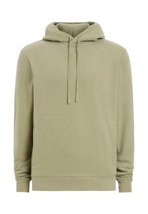 Olivengrøn hættetrøje med en blød tekstur, frontlomme, justerbar snoretræk-hætte og lille broderet logo på brystet.