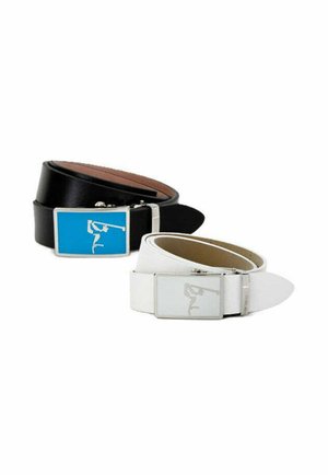 Two belts: one black leather and one white leather, both with rectangular metal buckles featuring a blue and gray graphic design, respectively.