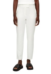 White tailored pants with a slim fit, featuring a smooth fabric, subtle front crease, and a waistband. Paired with black slide sandals.