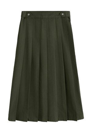 Dark green knee-length pleated skirt with waistband and button details at the front corners.