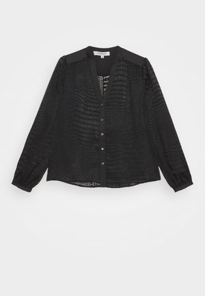 Black semi-sheer long-sleeve blouse with subtle textured patterns, button-down front, and round neckline with small collar points.