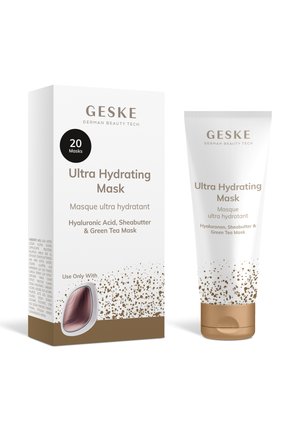 Geske Ultra Hydrating Mask tube og æske med hyaluronsyre, sheasmør og grøn te, med guldpletteret design på hvid baggrund.
