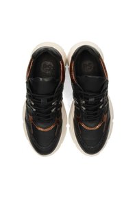 Black and bronze sneakers with a textured mesh upper, contrasting laces, thick white sole, and embossed logo on insoles.