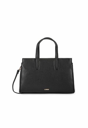 Borsa a mano in pelle nera texturizzata con due manici, tracolla removibile e piccolo logo dorato al centro davanti.
