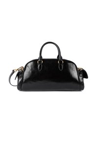 Borsa a mano in pelle nera con finitura lucida, forma arrotondata, due manici superiori e una tracolla rimovibile. Accenti in metallo color oro.