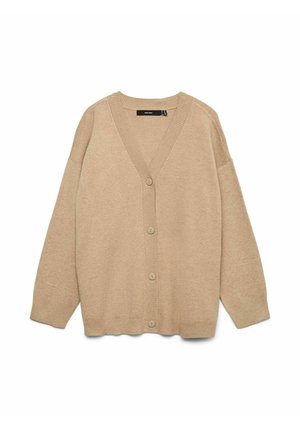 Cardigan beige à col en V, muni de boutons, avec des manches longues et des bords côtelés au niveau des poignets, de l'ourlet et de la patte de boutonnage, posé à plat sur un fond blanc.