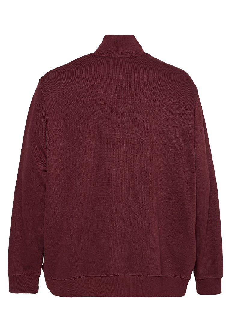 Bordeaux pulloversweater met een hoge halslijn, ribbelstructuur en lange mouwen. Heeft een relaxte pasvorm en een effen kleur.