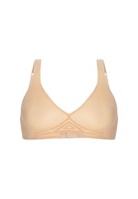 Naken triangulär behå med tunna justerbara band, slät textur och minimalistisk design med subtil geometrisk detaljering på bandet.