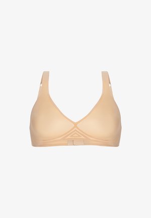 Nackte triangelförmige BH mit dünnen verstellbaren Trägern, glatter Textur und minimalistischem Design mit subtilen geometrischen Details am Bund.