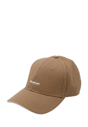 Casquette de baseball marron avec une visière incurvée, en coton. Présente un design animal brodé en blanc à l'avant, ainsi que six trous de ventilation.