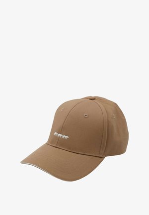 Casquette de baseball marron avec une visière incurvée, en coton. Présente un design animal brodé en blanc à l'avant, ainsi que six trous de ventilation.