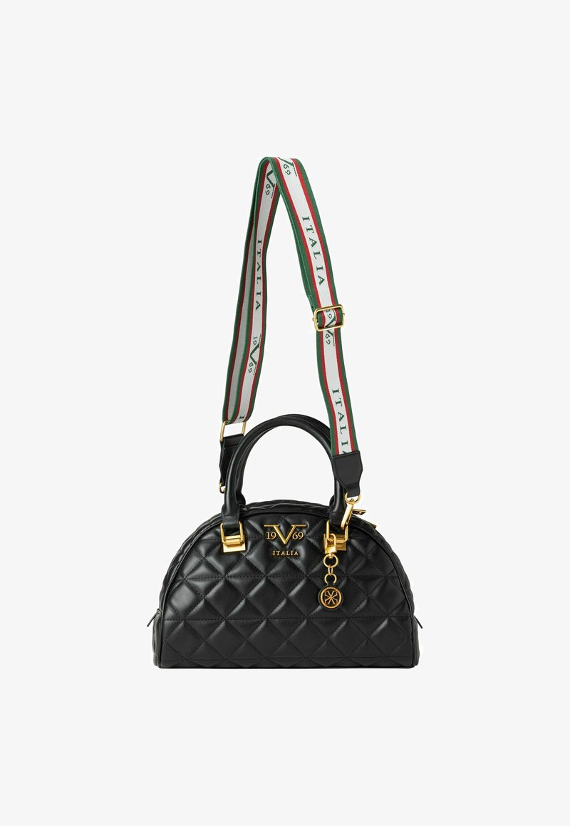 Schwarze gesteppte Handtasche mit goldenen Akzenten, runder Form, doppelten Handgriffen und einem abnehmbaren Tragegurt mit roten und grünen Streifen.