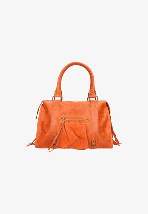 Sac à main en cuir orange avec double poignées, poche zippée à l'avant et glands décoratifs. Équipé de quincaillerie dorée et d'une finition texturée.