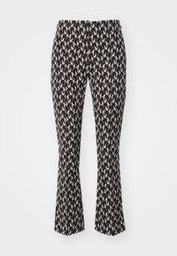 Flared pants in a black and cream pattern featuring abstract shapes. Made of lightweight fabric with a smooth texture.