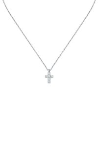 Ciondolo a croce argento su una collana a catena sottile, caratterizzato da un design elegante e geometrico con superfici lisce e una finitura lucida.