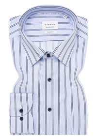 Blauw-wit gestreepte katoenen shirt met een moderne pasvorm, voorzien van een button-down kraag en zwarte knopen op de manchetten.