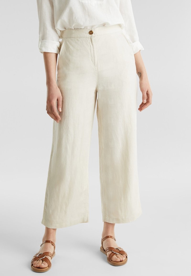 Femme portant un pantalon crème taille haute à jambes larges avec une fermeture à boutons, associé à des sandales plates marron à lanières et une chemise blanche aux manches retroussées.
