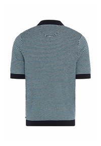 Strick-Poloshirt mit kurzen Ärmeln, blau-schwarzen horizontalen Strukturstreifen, schwarzem Kragen sowie schwarzen Bündchen an Ärmeln und Saum, von hinten gezeigt.