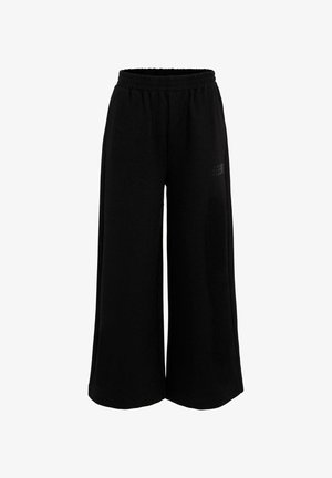 Zwarte wijde broek van zacht katoen, met een elastische tailleband en twee zijzakken. Gladde textuur met minimale merkdetails.