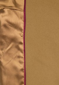 Tejido dorado con una textura de satén suave, que presenta un borde en un profundo color rosa a lo largo del lado izquierdo. La superficie parece ligeramente arrugada.